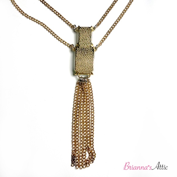 Gold Tone Long Square Crystal Necklace with Artistic Earrings - Picture 7 of 14